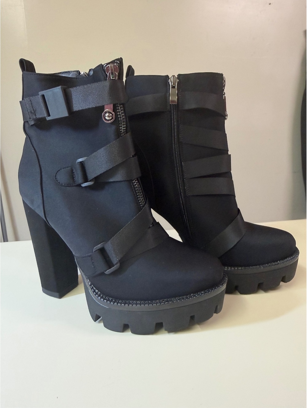 Wetkiss Black Platform Ankle Boots with Buckle Straps and Chunky Heels